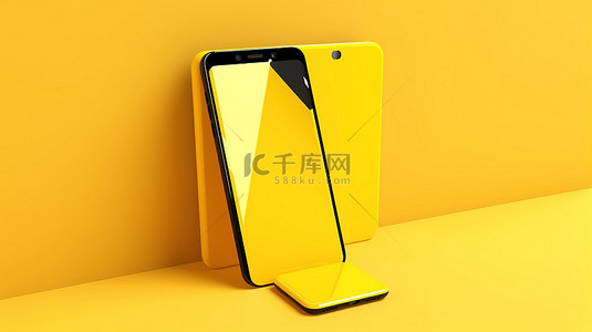 返回按钮背景图片_黄色背景下黄色色调的充满活力的 3D 智能手机