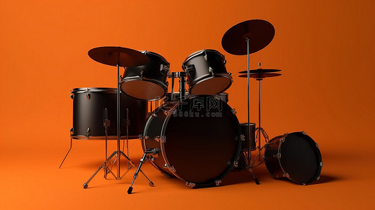 鼓舞台背景图片_橙色粘土风格抽象背景上专业黑色鼓套件的 3D 渲染