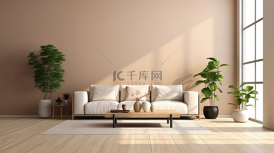 米色沙发背景图片_别致而现代的米色客厅现代家居装饰的 3D 渲染