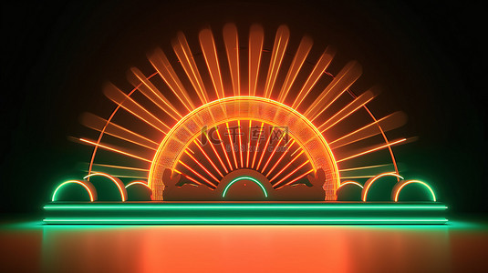博海报背景图片_海报采用 3D 渲染复古线框，带有霓虹灯和阳光