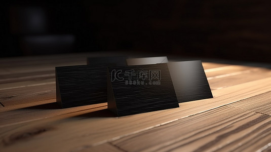 商务卡片设计背景图片_木质背景上光滑 3D 渲染的正面黑色名片