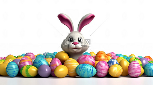 兔子绿色背景图片_白色背景上带有复制空间的复活节兔子和彩蛋的 3D 渲染