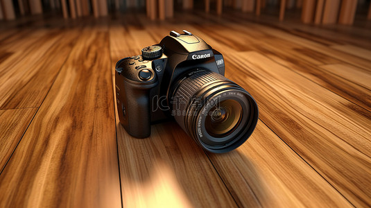 时尚的数码相机放在质朴的木桌上 3D 渲染