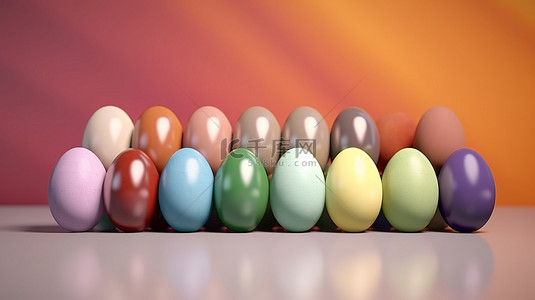 复活节彩蛋的彩色 3D 渲染背景与节日贺卡设计