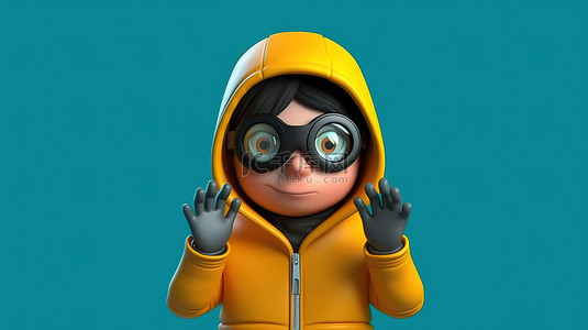 动画商务企业背景图片_戴着 3D 渲染的面具和手套的动画人物