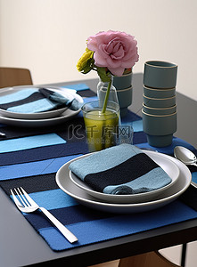 灰色羊毛毡餐垫 3 件套黑色和蓝色餐垫