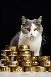 可爱的猫背景图片_一只毛茸茸的猫在吃一堆罐头