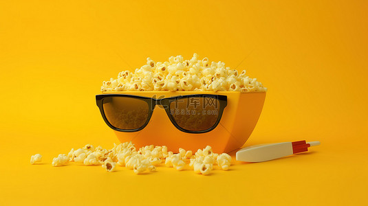 一碗面图标背景图片_黄色背景，配有爆米花碗 3d 眼镜和电视遥控器