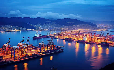码头夜景背景图片_一个大型集装箱港口，周围环绕着海岸线的大山