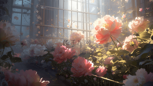 粉色背景水墨背景图片_芍药花鲜花盛开植物阳光花卉背景
