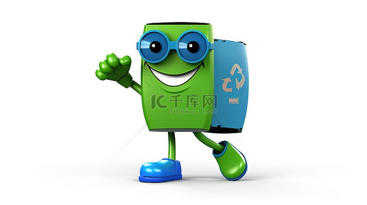 智能垃圾箱背景图片_白色背景上带有回收标志和蓝色健身追踪器的绿色垃圾桶吉祥物的 3D 渲染