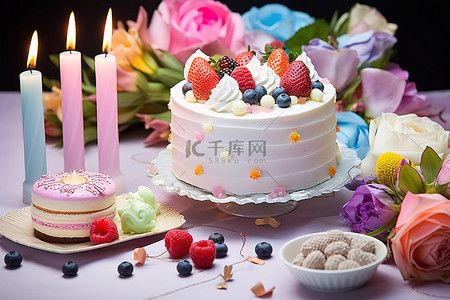 生日快乐背景图片_蛋糕和其他食品放在生日快乐卡旁边