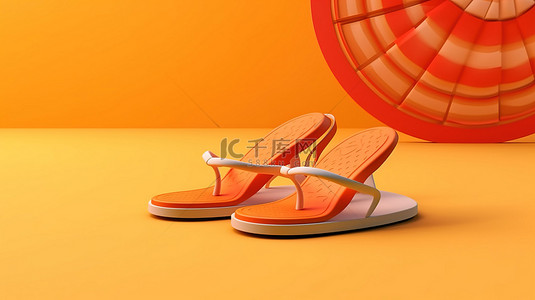 橙色背景插画背景图片_夏季共鸣 3D 插图柔和的橙色背景与人字拖