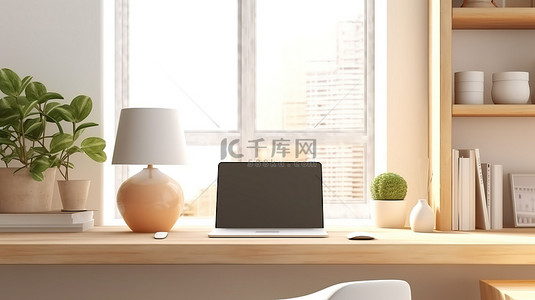 木质桌背景图片_诱人的公寓工作区，在 3D 渲染的木质桌面上有充足的复制空间