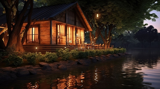 海报素描背景图片_河边木屋的夜间照明 3D 渲染