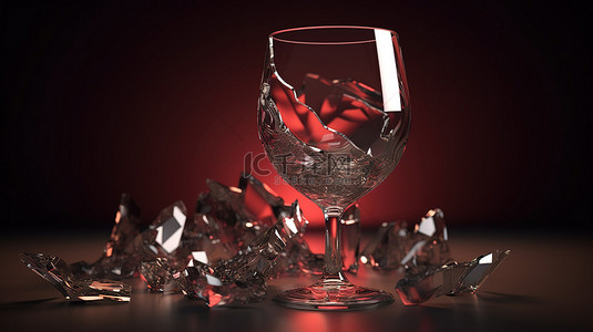 具有 3D 渲染碎玻璃图形设计的逼真酒杯模型