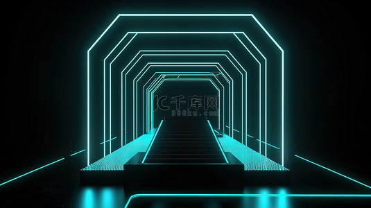 虚拟现实隧道发光几何线和霓虹灯在抽象背景与黑色讲台场景