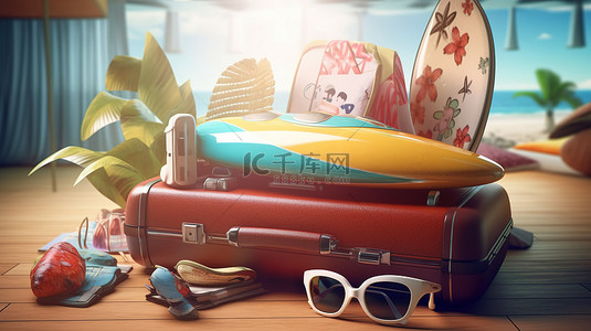 夏季灵感的手提箱冲浪板和旅行必需品的 3D 插图