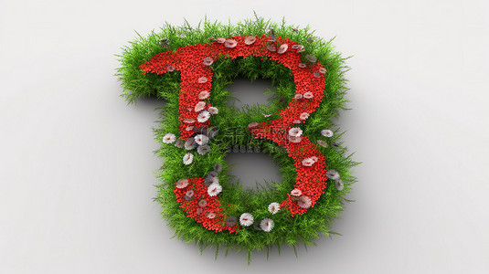 3d 渲染的红色花朵和绿草围绕数字八