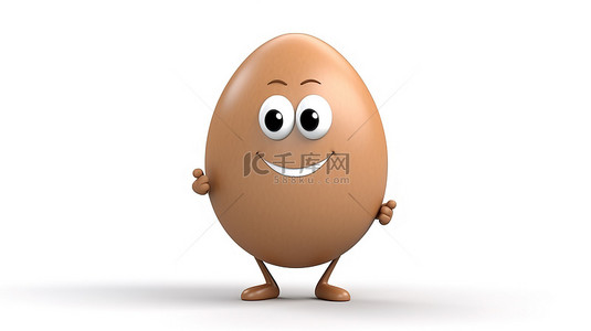 站在白色背景上的吉祥物棕色鸡蛋人的 3D 渲染，带有空白广告促销台