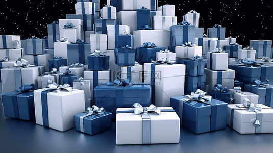 各种尺寸的带丝带的蓝色和白色礼品盒 3d 渲染图像