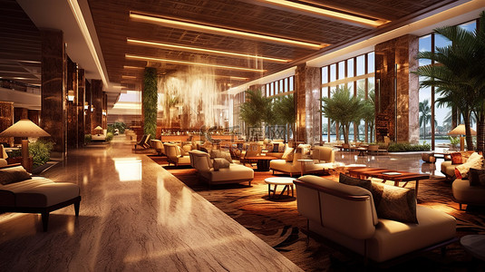 豪华酒店的 3D 渲染，设有休息区和五星级设施