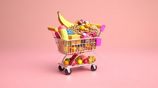 色彩缤纷的杂货店拖着一辆购物车，里面装满了粉红色背景下的营养食品 3D 插图