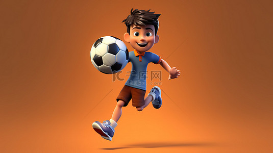 欢快的孩子背景图片_一个拿着足球的亚洲青少年的欢快 3D 漫画