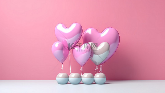 心形气球背景图片_充满活力的心形气球在粉红色背景 3d 渲染上庆祝快乐的生日