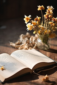 在桌子旁边背景图片_一本书在鲜花旁边的桌子上打开