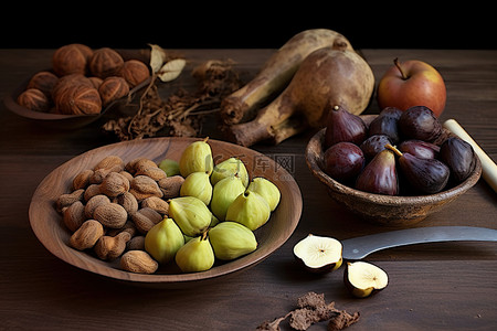 食品坚果背景图片_木桌上的奇亚籽栗子抱子甘蓝和苹果