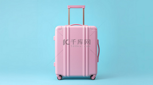 粉红色背景，带有复制空间，配有时尚的 3D 蓝色手提箱