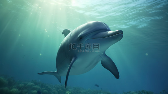 以 3D 渲染的卡通海豚嬉戏地在水下游泳