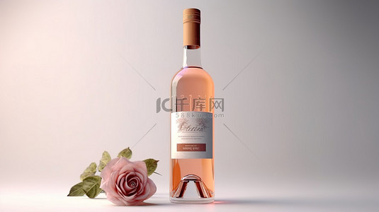 带有玫瑰标签的白色背景酒瓶的逼真 3D 插图