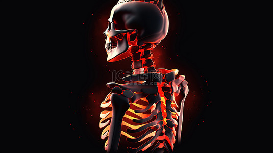 疼背景图片_受伤的骨头 3d 渲染骨骼结构的插图，在椎骨部分用红色发光突出显示疼痛