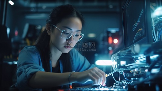 学术科技背景图片_女工程师在实验室工作到深夜微调 3D 打印机组件