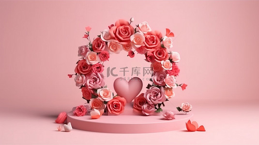 度过情人节背景图片_3D 基座和玫瑰花环的高级照片，度过一个快乐的情人节