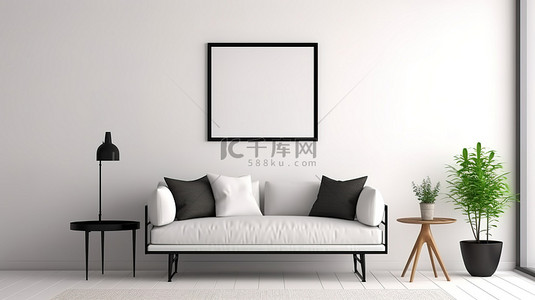 简约椅子背景图片_简约的房间内部配有白色椅子黑色咖啡桌和白墙 3D 渲染上的水平框架
