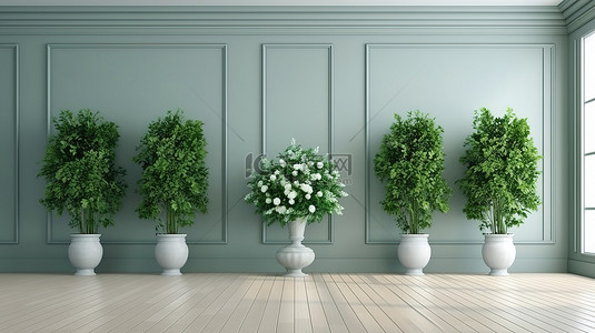白色木地板房间的 3D 渲染，配有现代经典绿色墙板金属花瓶和干燥植物