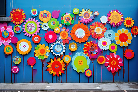 吉和彩色背景图片_砖墙上的一幅壁画，上面有鲜花和几十个彩色圆圈