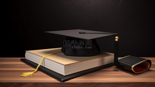 3D 黑板文凭帽和书籍上的毕业必需品