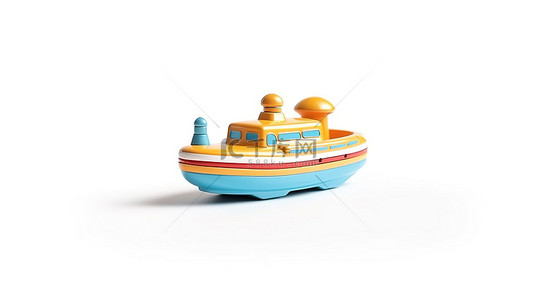 白色背景上独立站立的抽象风格玩具船的 3D 渲染