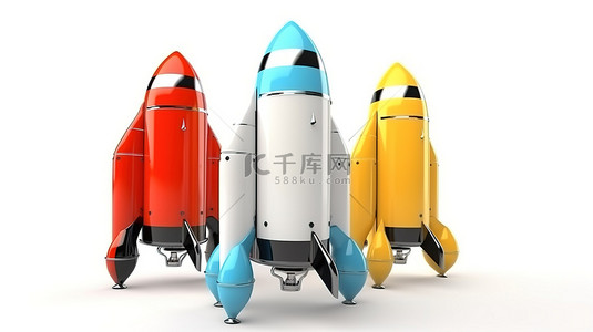 三枚彩色火箭在 3d 中渲染在白色背景下，旁边是孤立航天飞机的卡通插图