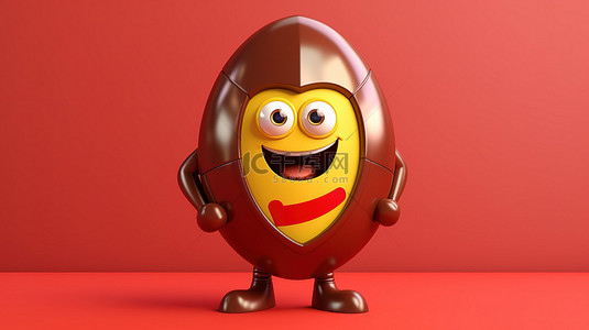 健康食品安全背景图片_3D 渲染的棕色鸡蛋吉祥物人，带有红色金属盾，用于黄色背景的保护