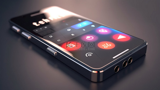 用户玩手机背景图片_智能手机 3D 渲染具有媒体图标音频播放器按钮栏，用于视频和音乐控制概念
