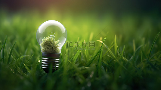 草地树背景背景图片_3d 渲染一个生态友好的能源灯泡照亮草地