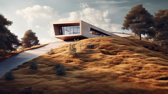 自然倾斜地形上的现代最小房屋令人惊叹的 3D 建筑渲染