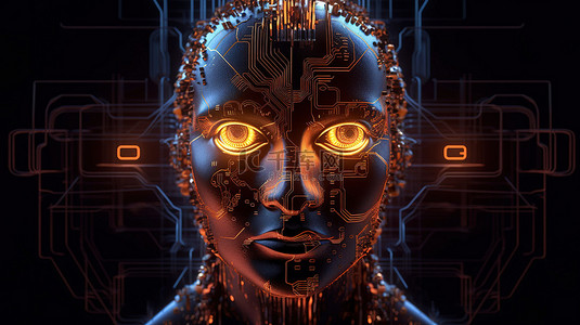 比特背景图片_未来派全息机器人以 3D 渲染中的比特币和加密技术为特色