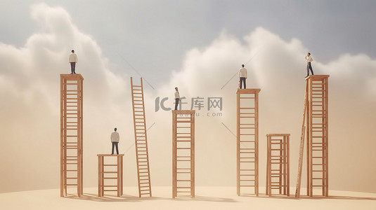 就业困难背景图片_3d 渲染的人用不同长度的梯子征服障碍