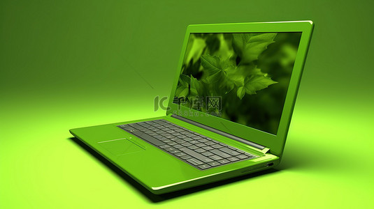 3d 渲染绿色背景与笔记本电脑